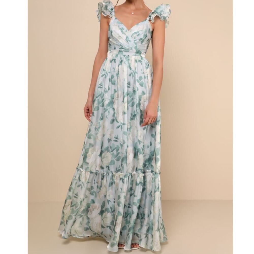 NEW Lulus Soiree Perfection Light Blue Green Floral Ruffled Tiered Maxi Dress